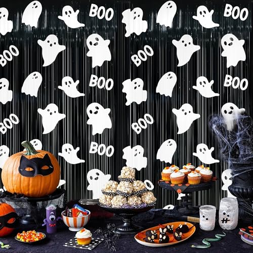 Halloween Foil Fringe Curtains - Ghost & Boo Theme, 4 Pack, Black & White, 3.3x6.6 Ft, Ghost Photo Backdrop, Party Decorations, Kids & Baby Shower