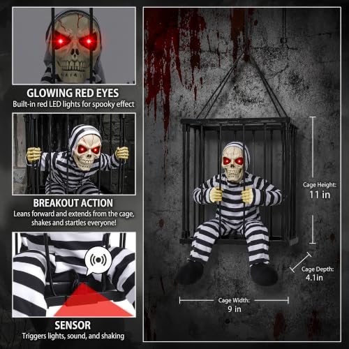 Outdoor Halloween Skeleton Decor with Motion-Activated Skull Prisoner