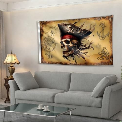 Pirate Backdrop 5x3ft Treasure Map Banner Skull for Pirate Party Halloween Photo Booth