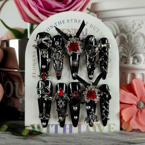 Long Stiletto Press-On Nails Black Red Spider Gothic Variation #068 S