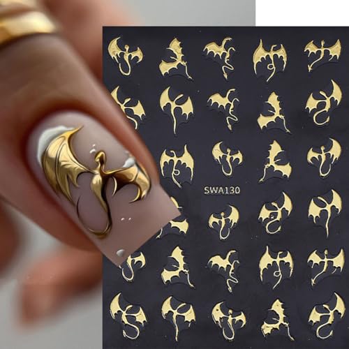 Halloween Bat Nail Art Stickers 6 Sheets - 3D Gold Silver Flying Dragon Design, Style 4
