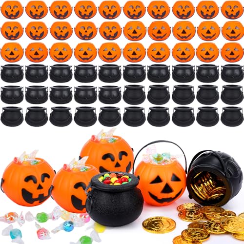 60 Pcs Halloween Mini Pumpkin Cauldron Buckets Bulk Candy Holders - 4 Styles