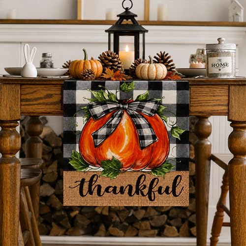 Fall Table Runner with Buffalo Plaid Bowknot Pumpkin Thankful Decor for Dining Table