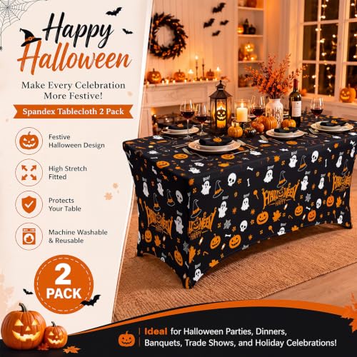 Halloween Pumpkin Ghost Spandex Tablecloth 6ft Fitted Rectangular Cover - Black White Orange