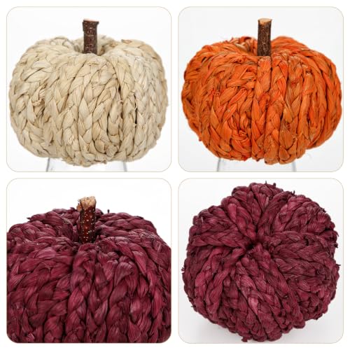 Fall Pumpkin Decor Set - 3 Woven Rattan Artificial Pumpkins for Autumn Home Decoration - White, Orange, Red