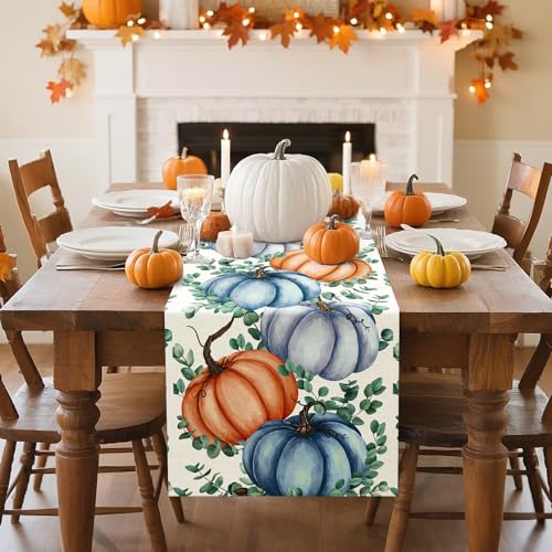 Artscope Fall Pumpkin Eucalyptus Leaves Table Runner 13x72 Inch - Orange Blue Thanksgiving Decor