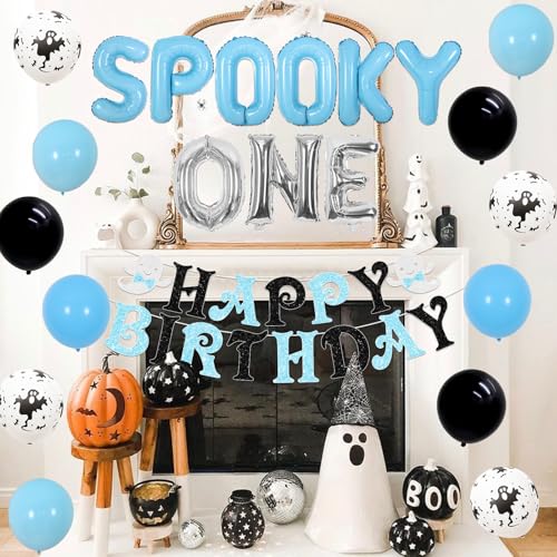 Halloween First Birthday Decorations Set for Boys - Banner, Balloons & Cake Toppers