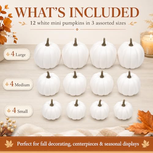 White Mini Pumpkins Artificial Fall Decor Set - 12 Pieces in 3 Sizes with Variation