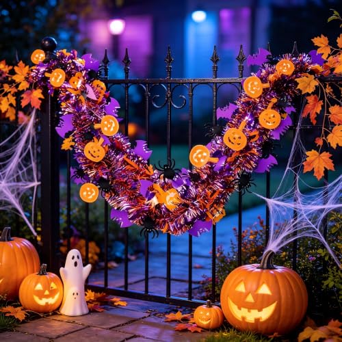 Halloween Tinsel Garland 6.5Ft 2-Pack Orange Purple Pumpkin Spider Bat Decor
