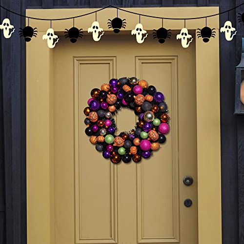 Halloween Wreath with Lights and Pumpkin Ornament - 18 Inch Pumpkin Variation