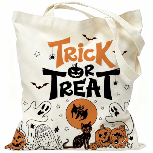 Halloween Trick Tote Bag - Reusable Canvas Ghost Candy Bag for Party & Gift