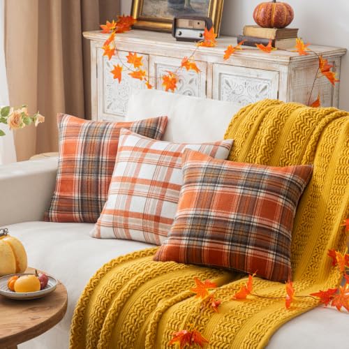 AQOTHES Fall Plaid Throw Pillow Covers Set of 2 - Orange 22x22 Inches, Autumn Home Decor