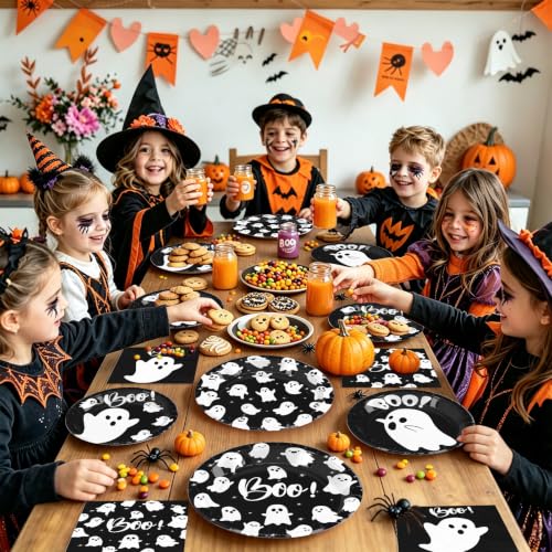 Ghost Halloween Party Supplies Set - Black Boo Variation, Paper Plates & Napkins, 180PCS
