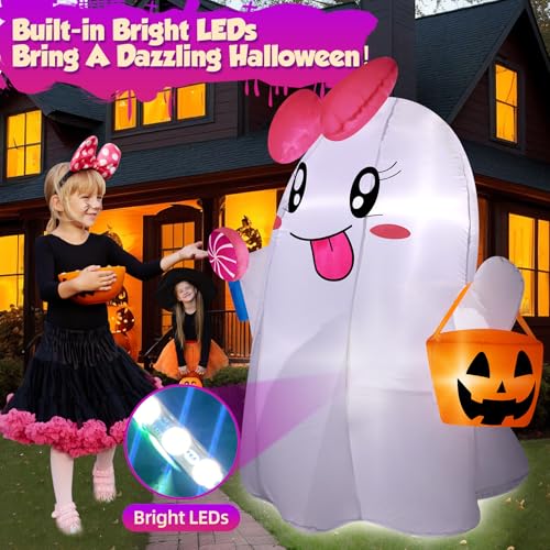 5FT Halloween Ghost Inflatable with Bright LED Lights & Pink Bow - Outdoor Yard Decoration