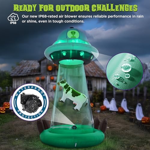 10 FT Halloween Inflatable UFO with Floating Cow - Alien Abduction Scene, Outdoor Decoration