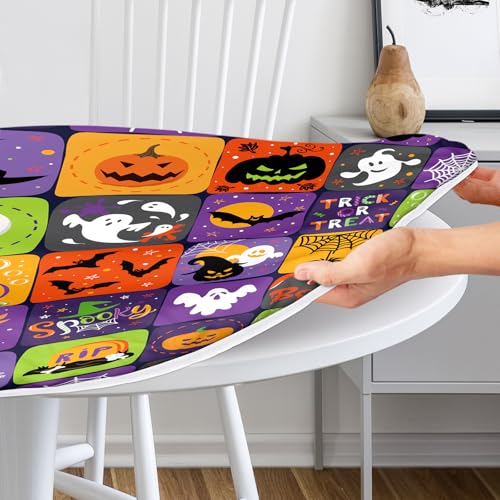 Halloween Round Fitted Tablecloth with Elastic Pumpkin Ghost Bat Web Waterproof 52 Inch Purple