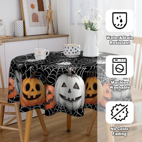 Halloween Round Tablecloth 60 Inch with Spiderweb & Pumpkin Design - Fall Autumn Decor
