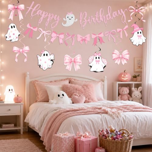Pink Halloween Party Decorations Set with Banner and Ghost Hanging Swirls