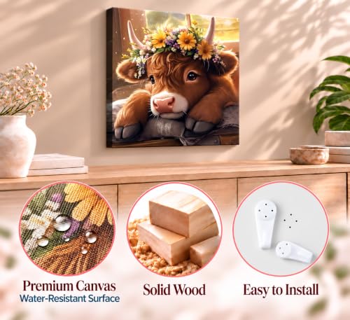 Highland Cow Canvas Wall Art - 20x20 Inch Farmhouse Decor with Wooden Frame