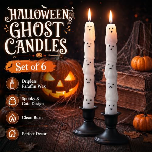 Halloween Ghost Candles Set of 6 - Spooky Table Decor & Long Burn Time