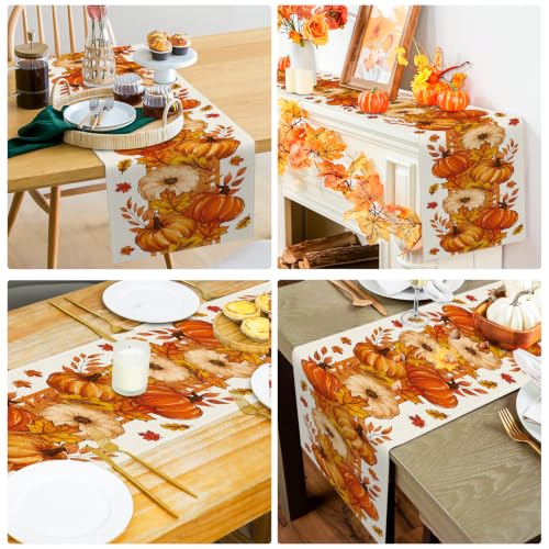 Fall Pumpkin & Maple Leaf Table Runner 13x60 Inches - Autumn Decor - Yellow Fall Variation