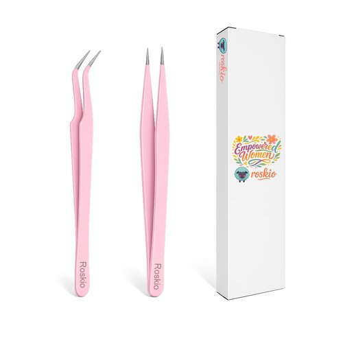 Roskio Nail Tweezer, 2pcs Stainless Steel Straight & Curved Nail Art Tweezers for Stickers, Rhinestone, Eyelash Extension, Nail Stickers, Cuticle, Rhinestone Picker Tool
