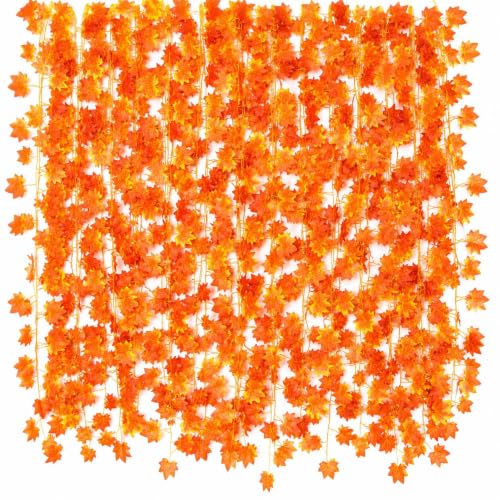 Autumn Maple Leaf Garland - 12PCS Fall Artificial Vines in Red-Orange - Indoor Outdoor Decor