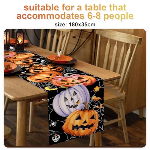 Halloween Spider Web Table Runner with Pumpkins and Bats - 13x72 Inch - Pink Variation