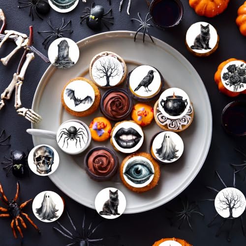 Gothic Halloween Edible Cupcake Toppers 36PCS - Black Cat Bat Castle Design D- Gothic