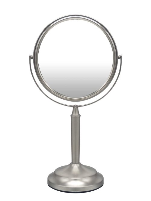 Indecor Home Stainless Steel Tabletop Makeup Vanity Mirror 1X and 3X Magnification Round Swivel Mirror for Desk, Bedroom, Bathroom Brushed Nickel