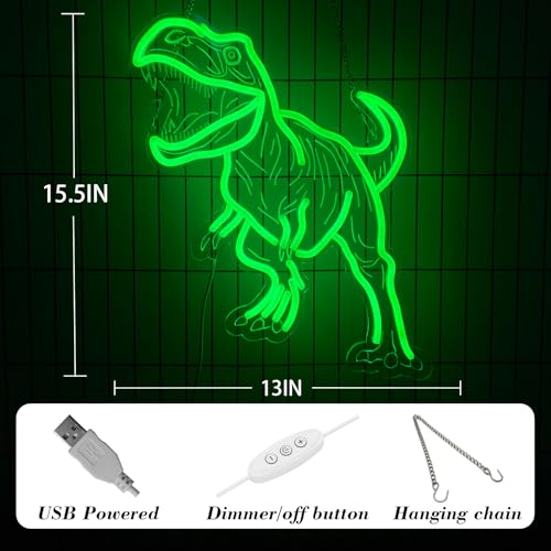 Green Dinosaur Neon Sign Wall Decor - USB Dimmable Night Light for Boys Bedroom, Party & Holiday Gift