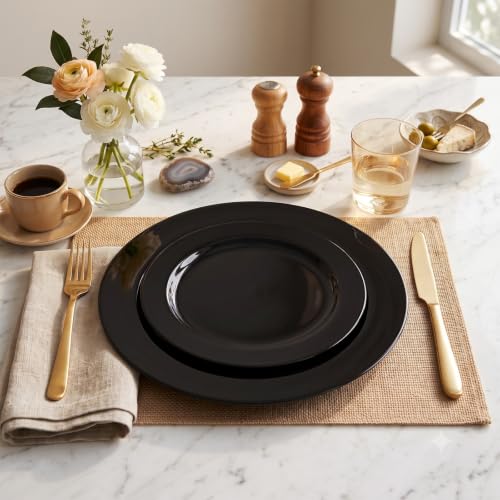Black Plastic Disposable Plates Set 50 Pack - 25 Dinner & 25 Dessert Plates - Black / 50