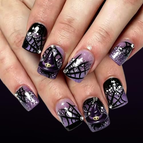 Halloween Witch Press on Nails Short Square Black Purple with Cap & Cobweb - Style27