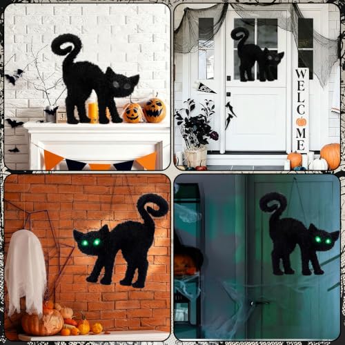 Black Cat Silhouette Halloween Decor with Glowing Green Eyes & Timer - Indoor Feline Accent