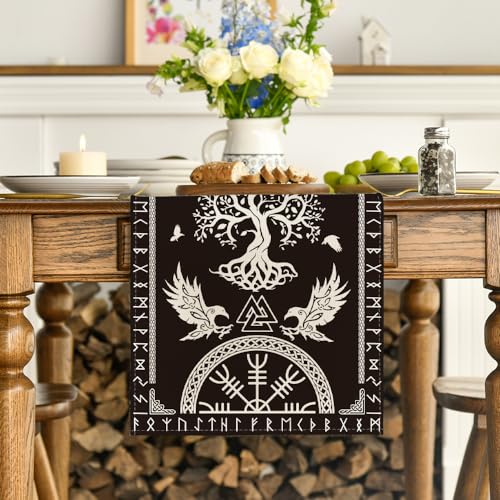 Black Viking Tree of Life Raven Table Runner 13x72-Inch Home Decor