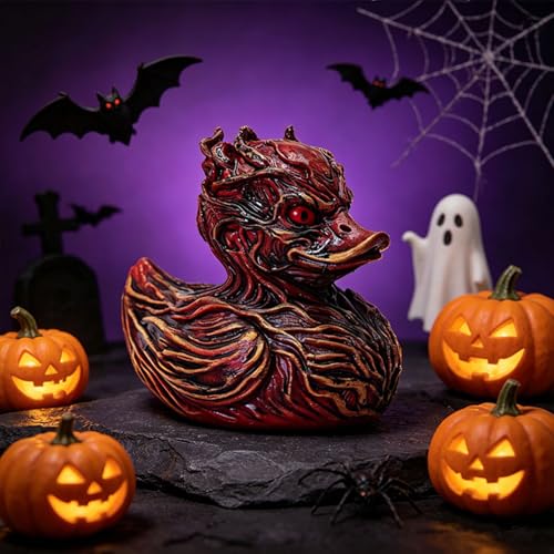 Halloween Horror Devil Duck Figurine - Creepy Red Resin Desktop Decor - 8.5cm