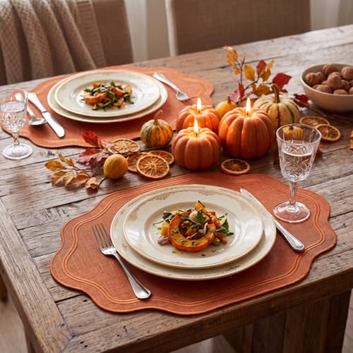 Cotton Fall Thanksgiving Placemats Set of 6 - Elegant Orange Scalloped Table Mats