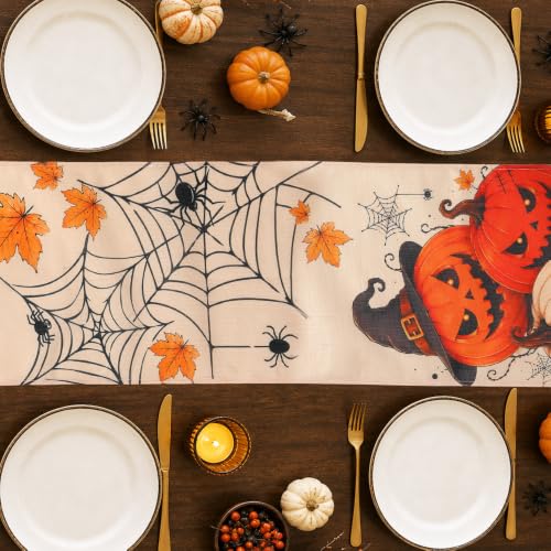 Halloween Table Runner - Orange Pumpkin Spider Web Design, 13 x 72 Inches - Fall & Party Decor