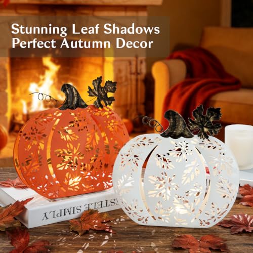 Lighted Metal Fall Pumpkins Decor Set - Orange & White, Rustic Autumn Accent with Leaf Shadows