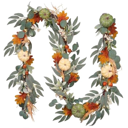 Fall Garland with Pumpkins and Lights - 9ft White/Green Autumn Decor