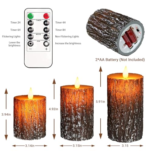 Pine Bark Flameless Candle Set of 3 with Remote & Timer - Brown Variation