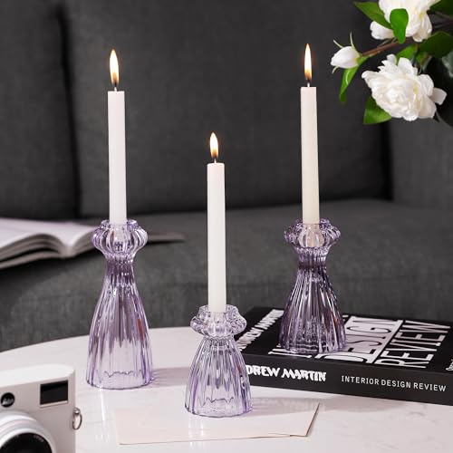 Purple Glass Candlestick Holders Set of 6 - Taper Candle Holders for Home Decor