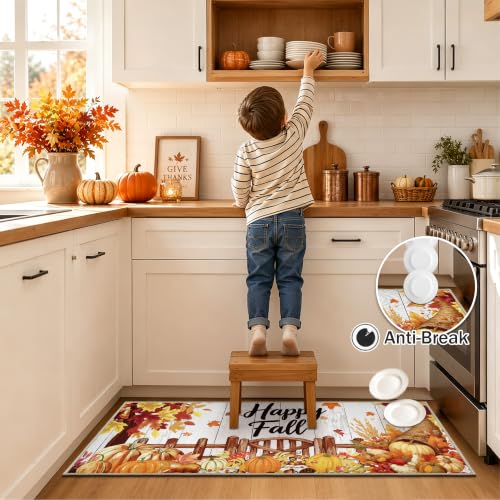 Fall Kitchen Rug Set of 3 with Pumpkins & Leaves - Non Slip Washable Mats