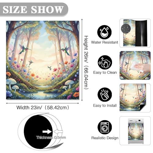 Spring Forest Floral Dishwasher Magnet Cover - Colorful Fridge Panel Decal, Trimmable 26x23 Inch, Bird & Flower Design