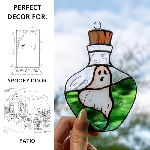 Ghost in a Bottle Halloween Stained Glass Suncatcher - Spooky Window Decor - Variation of THIS listing