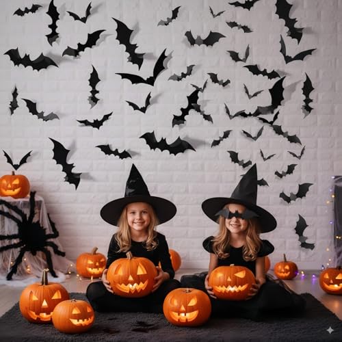 Partyreal 60Pcs Halloween Bat Wall Decals - 4 Sizes, Reusable PVC Indoor Decor