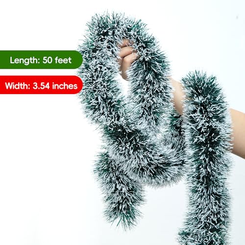 Dark Green 50FT Christmas Tinsel Garland Snow Flocked Artificial Greenery for Holiday Decor