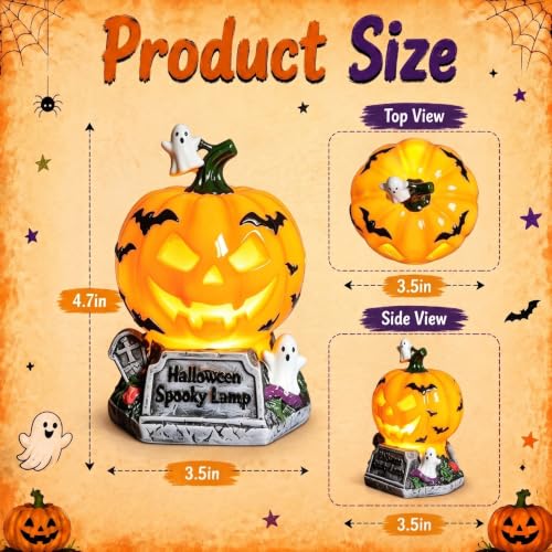 Halloween Pumpkin Lantern - Stained Glass Ghost & Bat Design - USB Powered - Pumpkin Tombstone Variation
