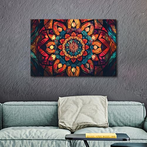 Canvas Wall Art - Mandala Stained Glass Window Design - 24x16 in - Framed Home Decor - Variation-02