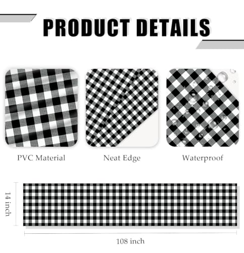 Black Gingham Table Runner - 6 Pcs Disposable Checkered Tablecloths 14x108 Inches - Party & Picnic Decor